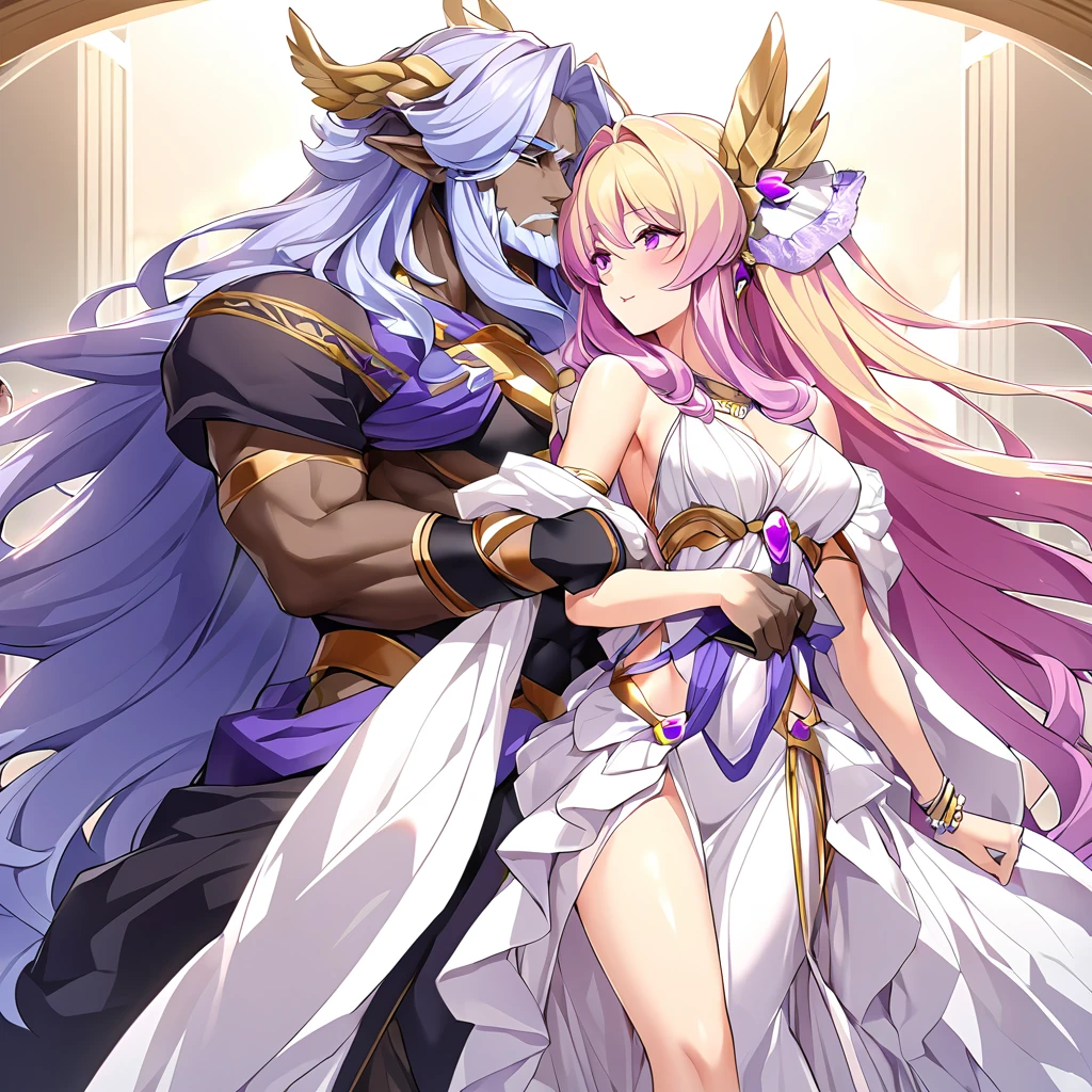 ((Highest quality)), ((masterpiece)), (detailed), (Perfect Face)、Woman is an ancient Greek goddess Hera wearing a Doric chiton々Hera, the goddess of marriage and wife of Zeus, king of the gods、The woman is the goddess Hera, the queen of the one and only god Zeus. She has medium-long hair, wears an ancient Greek Doric chiton, an engagement ring, and gorgeous accessories. She is an elegant goddess, the graceful and beautiful queen of the gods.、As the goddess Hera, the woman loved Zeus and served him as his wife.、Zeus is wearing an ancient Greek Doric chiton and is embracing and kissing a woman named Hera, showing his affection for her.
