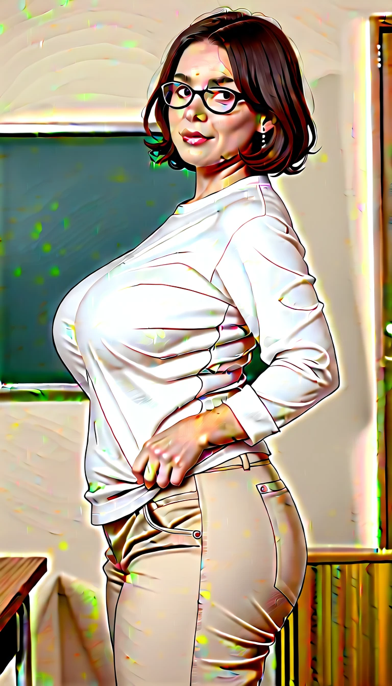 score_9, score_8_up, score_7_up,
[realistic lighting],[photo],[photorealistic], 1girl, Japanese mature woman, (huge breasts), (thick thighs), wide hips, (white shirt), (beige wide leg palazzo pants), (chubby:1.0), realistic, glasses, short hair, (pantylines:0.7), (side view:1.3), classroom, depth of field, female focus, volumetric light, cinematic light, (light on face), 