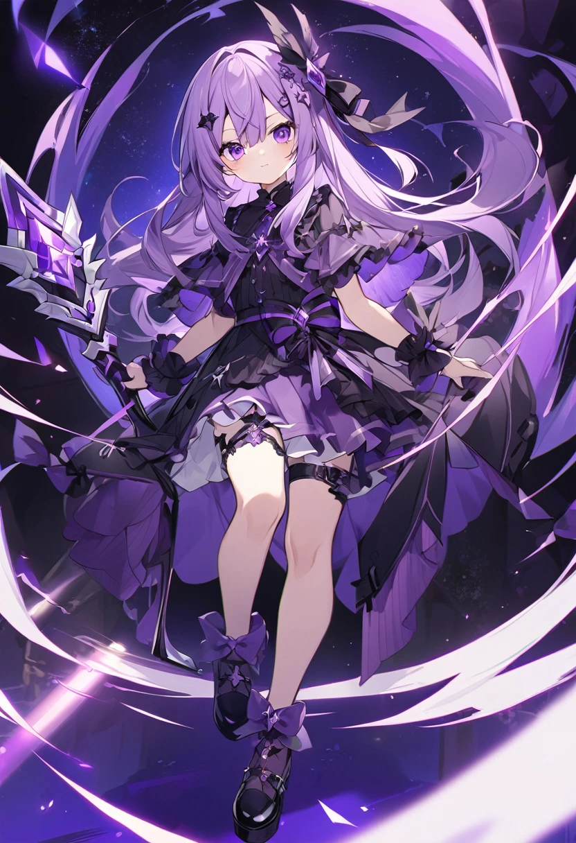 Keito。Purple Eyes。Light purple hair。Black shoes。Amethyst hair accessory。Purple Halberd。