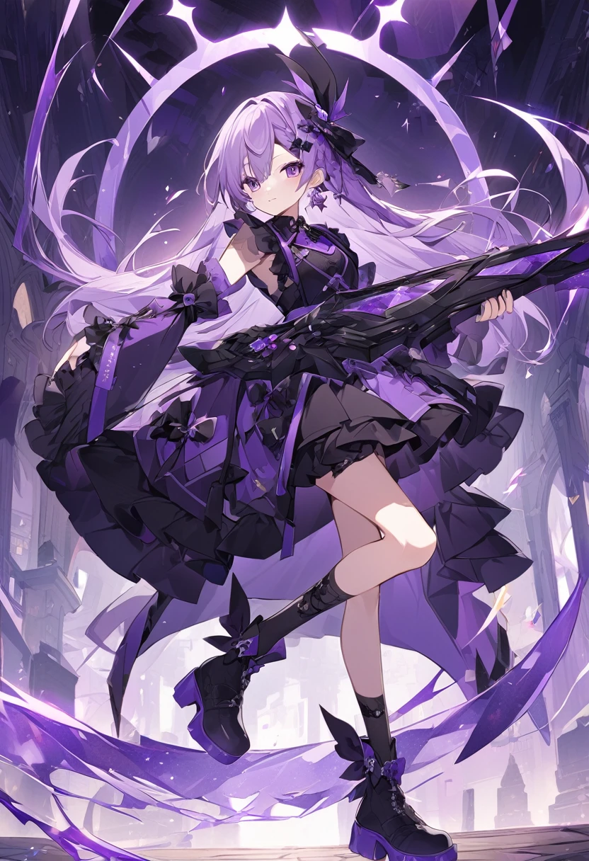 Keito。Purple Eyes。Light purple hair。Black shoes。Amethyst hair accessory。Purple Halberd。