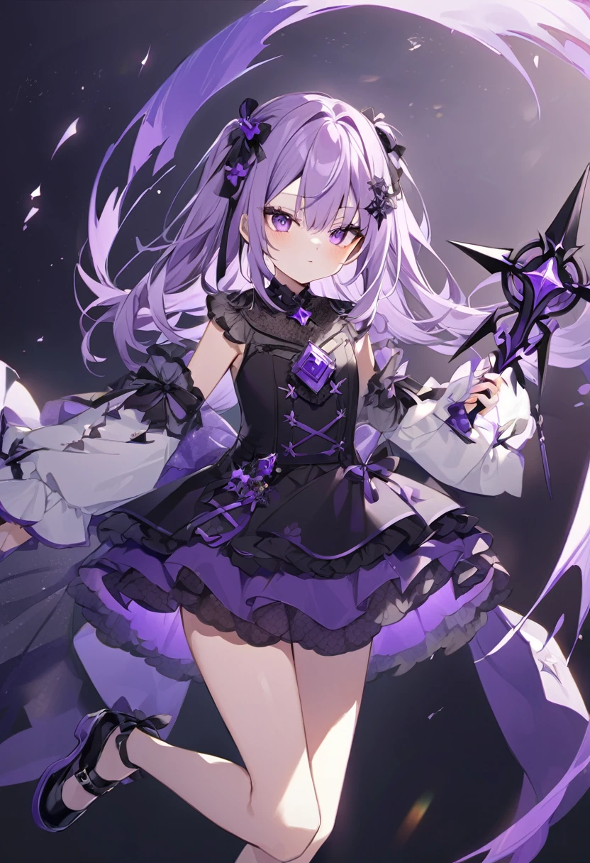 Keito。Purple Eyes。Light purple hair。Black shoes。Amethyst hair accessory。Purple Halberd。