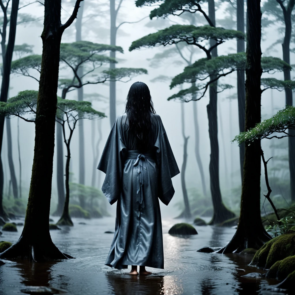 Create a highly realistic, photorealistic image of "Ame-onna," a famous Japanese yokai. This spirit is a woman who brings rain wherever she goes. She appears with long, wet hair and a dripping kimono, often looking sorrowful. The atmosphere should be melancholic and haunting, set in a rainy, foggy forest. The background should include raindrops, mist, and dark, wet trees. The image should have a vertical orientation with a 9:16 aspect ratio.
