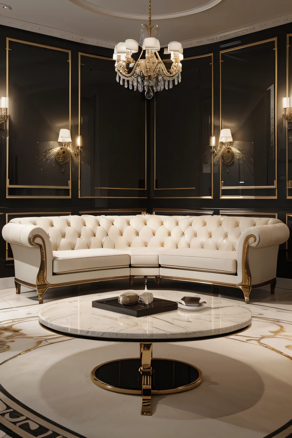 Professional 3D architecture rendering design of modern and French light cream velvet sofa with black slab stone middle table and high details and quality and elegant furniture and showing complete furniture 