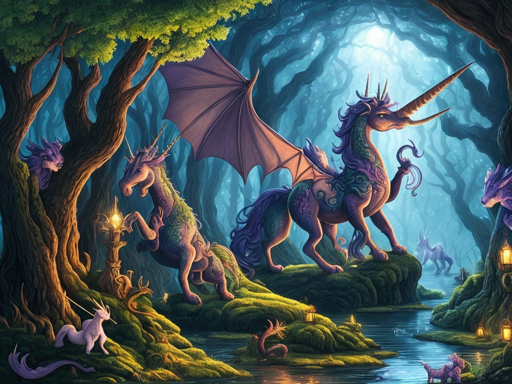 a fantasy forest where unicorns and dragons live