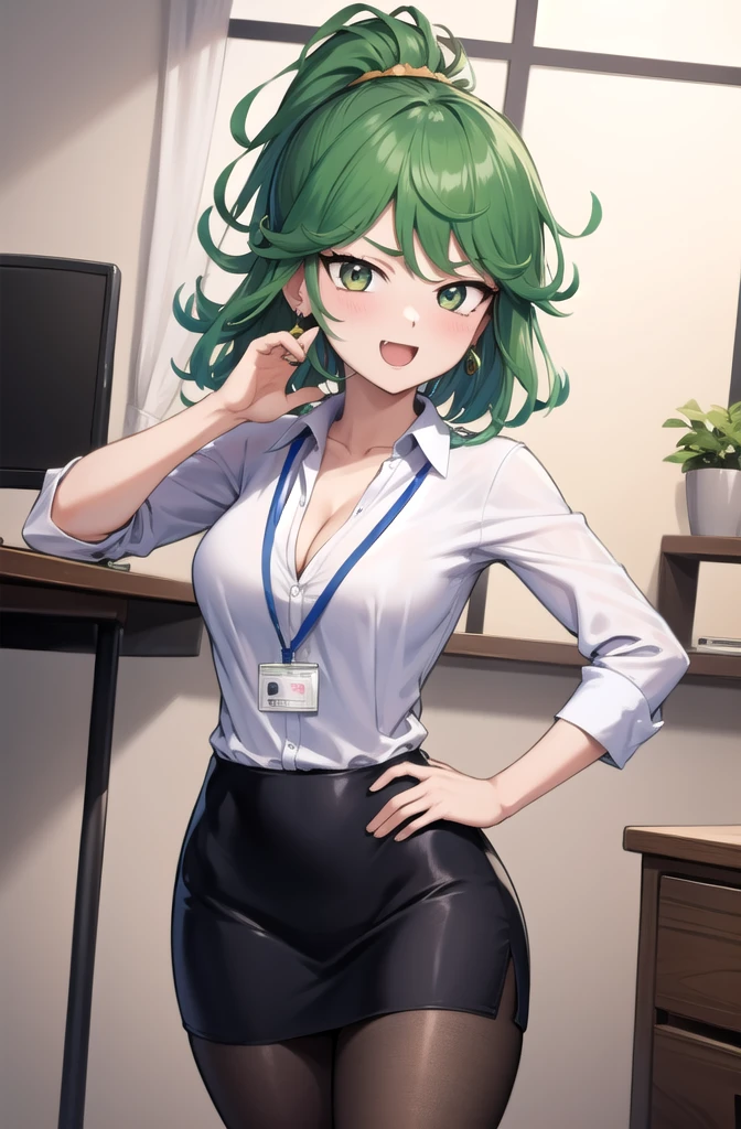 (masterpiece, best quality, detailed), 1girl, solo, looking at viewer, TatsuDef,gold eyes, green hair, bangs, blush, flipped hair, very long hair, medium breasts, thighs,
office lady, collared shirt, cleavage, lanyard, wristwatch, sleeves rolled up, pencil skirt, brown pantyhose, indoors, office, desk, office chair, ojou-sama pose, laughing, hand on hip, naughty face, smug,Earrings, High Ponytail, Hair Over Shoulder, Straight Hair,