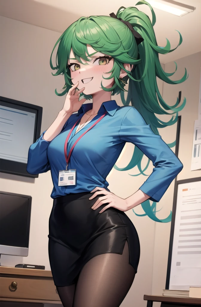 (masterpiece, best quality, detailed), 1girl, solo, looking at viewer, TatsuDef,gold  eyes, green hair, bangs, blush, flipped hair, very long hair, medium breasts, thighs,
office lady, collared shirt, cleavage, lanyard, wristwatch, sleeves rolled up, pencil skirt, brown pantyhose, indoors, office, desk, office chair, ojou-sama pose, laughing, hand on hip, naughty face, smug,Earrings, High Ponytail, Hair Over Shoulder, Straight Hair, 