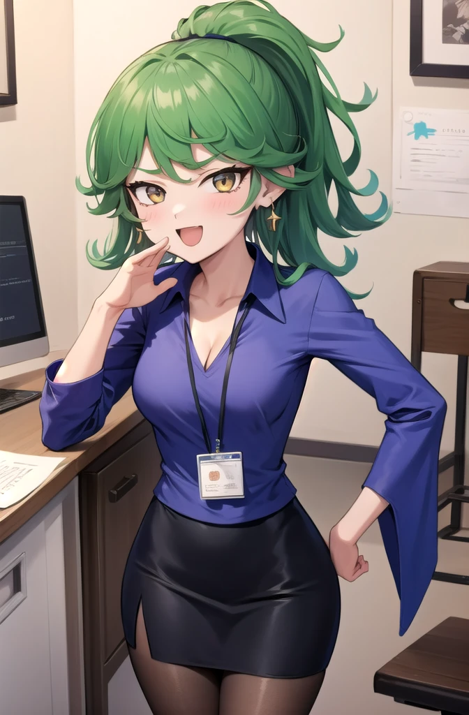 (masterpiece, best quality, detailed), 1girl, solo, looking at viewer, TatsuDef,gold  eyes, green hair, bangs, blush, flipped hair, very long hair, medium breasts, thighs,
office lady, collared shirt, cleavage, lanyard, wristwatch, sleeves rolled up, pencil skirt, brown pantyhose, indoors, office, desk, office chair, ojou-sama pose, laughing, hand on hip, naughty face, smug,Earrings, High Ponytail, Hair Over Shoulder, Straight Hair, 