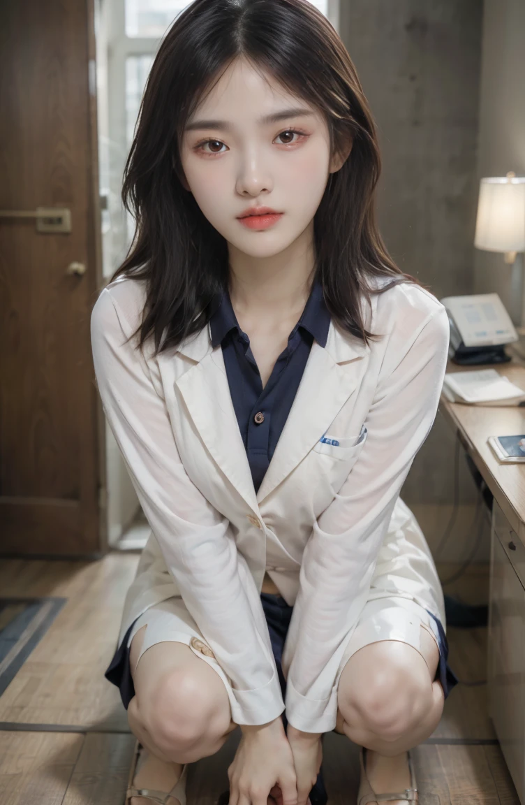 POV, (masterpiece:1.3), high resolution, ultra detailed, extremely detailed CG unity 8k wallpaper, realistic, photo-realistic, RAW photo, beautiful detailed face, pale skin, realistic skin, detailed cloth texture, detailed hair texture, Perfect proportion, Beautiful Face, accurate, Anatomically correct, Highly detailed face and skin texture, natural neck length, (beautiful hands), (fair skin:1.2), Thin legs, Thin feet,
BREAK
Detailed eyes, symmetrical eyes, Light Brown eyes, Double eyelids, Thin eyebrows, (Glossy lips:1.4), (Goddess smile:1.2),
BREAK
(A Classy and Cute Korean girl:1.3), (Wearing a Elegant Medical office staff uniform:1.2), (Close the Button:1.3),
(medium large breasts, slender figure),
(Dark brown hair, wavy hair), ((Medium long hair, asymmetrical bangs:1.2)), (Cowboy shot:1.2), (From above),
BREAK
((squatting with own knees together present for me a medical questionnaire:1.2)), (in the passage of hospital in Japan:1.2),
(looking up with a gaze:1.2),