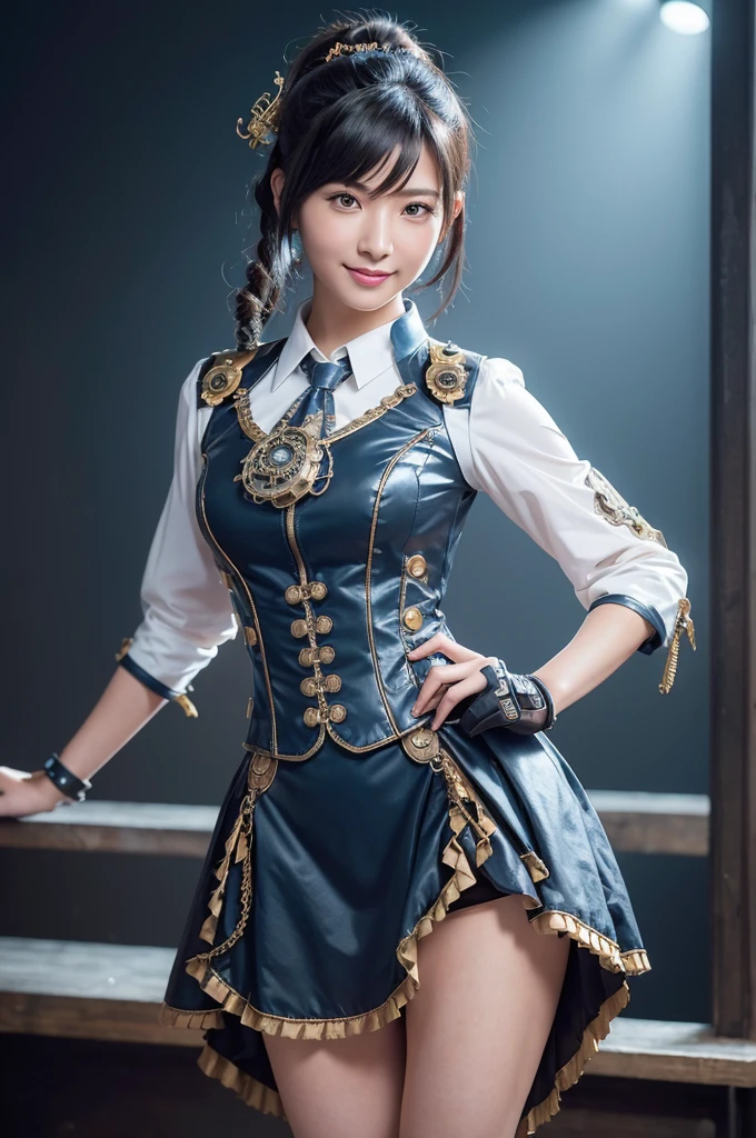 Woman portrait、Highest quality、Rear view、8k,Detailed face, clear, Fine skin、Clear, beautiful eyes、whole body、Curly Hair、My hair was messed up by the wind、The beauty of a smile、(Glamorous Muscle、tall),(Hip_superior, Hip superior), Mature Woman,( Watching the audience),Realistic, High resolution, Soft Light,1 female, alone, Hipアップ, Glowing Skin, (Detailed face), Sexy smile, Perfect Style, Perfect balance,Black hair,ponytail,Naughty look,((Steampunk collared ao dai)),(Light blue mech, High-tech Mecha,Beautiful steampunk cyborg woman,Steampunk Mecha Cyborg Girl,Steampunk lime green and white ao dai,hair ornaments,wrist cuffs,Gemstone Helmet,High leg,Steampunk dress,),((arms behind back)),(bokeh),(studio lighting)