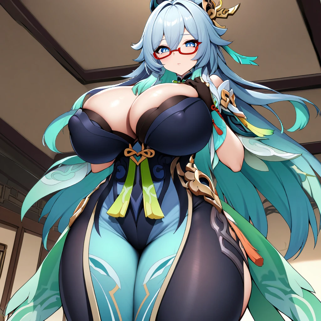 Xianyun(genshin impact),1girl,solo,navy blue main hair color,Akabuchi half-frame glasses,pale blue eyes color,super huge breasts,looking at viewer,near,standing up,in room