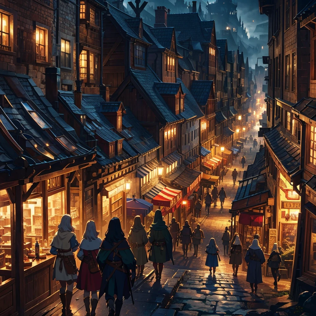 medieval fantasy capital's town streets, crowded, dark wood, all Time sets variety, and variety of details, anime Style ilustratión, Creative and original , high quality, realistic , detailed, perfect , 4k, Well steuctured