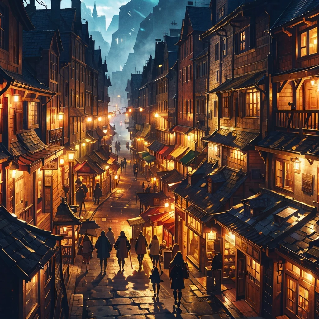 medieval fantasy capital's town streets, crowded, dark wood, all Time sets variety, and variety of details, anime Style ilustratión, Creative and original , high quality, realistic , detailed, perfect , 4k, Well steuctured