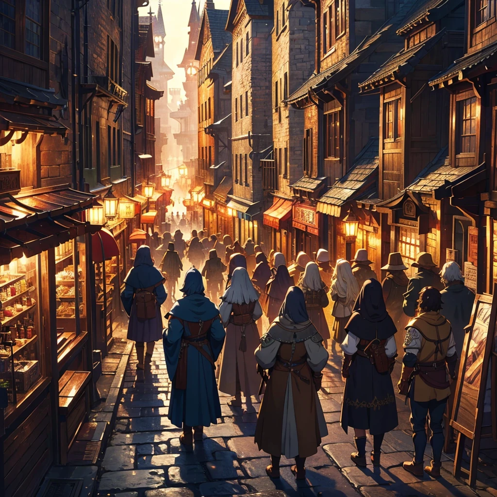 medieval fantasy capital's town streets, crowded, dark wood, all Time sets variety, and variety of details, anime Style ilustratión, Creative and original , high quality, realistic , detailed, perfect , 4k, Well steuctured