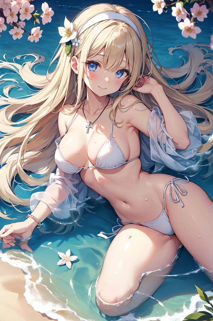 ((girl kawaii)), a extremely delicate and beautiful girl, beautifully painted, cute, sense of digital, best detailed girl, lying on the lake, wet, girl, young, long hair blown up, Hair with flower, (blond hair), cute face, (smile), complex details beautiful and delicate eyes, closed mouth, (large breasts), thighs, (pale blue eyes), (white skin), hairband, cross necklace, Bracelet, (white bikini), cardigan, white Clothes, (beach),( beautiful blue sky and white clouds), bloom effect, (((wallpaper 8k CG))), ((absurdres)), masterpiece,