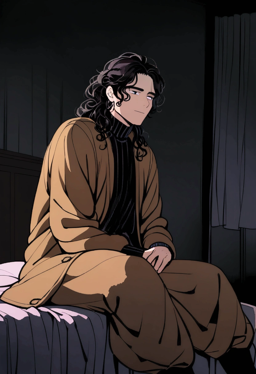 (detailed), (((normal guy))), (arab features), ((brown sheepskin jacket)), ((black curly hair loose hair)), (calm face), ((by the wide)), ((tall black boots)), (((Whole body))), ((sitting on the bed in a room)), ((male)), (black turtleneck sweater), ((only one person)), (at night), ((poorly lit room)), ((((dark room))))