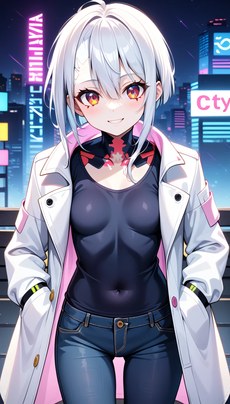 1girl, , slim, small breasts, white hair, hairs between eyes, shoulder length hair, pale skin, bright red eye:1.3, white duffle coat and long-sleeve black sweater, open jacket, jeans, gold pocket watches hanging from the neck, BREAK kawaii, smile, cowboy shot, pose, (cyberpunk night city:1.3), neon light, (light particle:1.3), BREAK smooth skin, cinematic lighting, volumetric shadow, BREAK score_9, score_8_up, score_7_up, (masterpiece:1.2), (best quality:1.2), (very aesthetic:1.2), (absurdres:1.2), (detailed background), newest, (intricate:1.2), ai-generated, BREAK