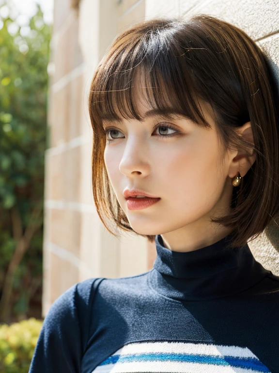 (Surreal), , (High resolution), (8k), (Very detailed), (Best illustrations), (Beautiful and fine details), (Highest quality), (Ultra-detailed), (masterpiece), (Mortar Wallpaper), (Detailed face), garden,Underarm, thick,,,solo,Girl wearing dark orange long-sleeved turtleneck knit and striped shirt, Sweaty, Japanese, ,Specific Background、Tile Background、Upper Body、fluffy bob cut、Curly Hair,Realistic eyes,