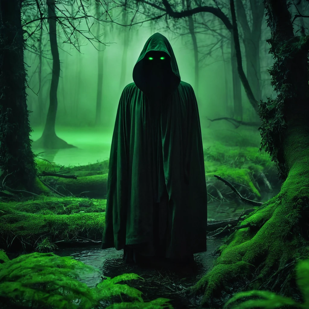 robed cultist hidden face evil murky green swamp background, mysterious. dark woods, dark swamp,gray haze, night,nighttime,foggy
