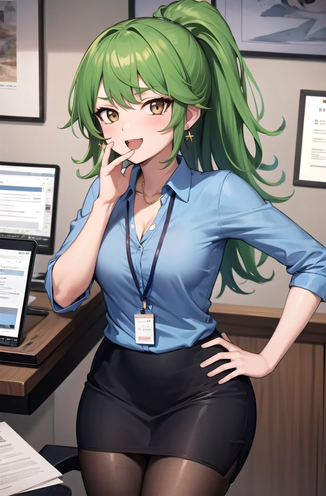 (masterpiece, best quality, detailed), 1girl, solo, looking at viewer, TatsuDef,gold  eyes, green hair, bangs, blush, flipped hair, very long hair, medium breasts, thighs,
office lady, collared shirt, cleavage, lanyard, wristwatch, sleeves rolled up, pencil skirt, brown pantyhose, indoors, office, desk, office chair, ojou-sama pose, laughing, hand on hip, naughty face, smug,Earrings, High Ponytail, Hair Over Shoulder, Straight Hair, 