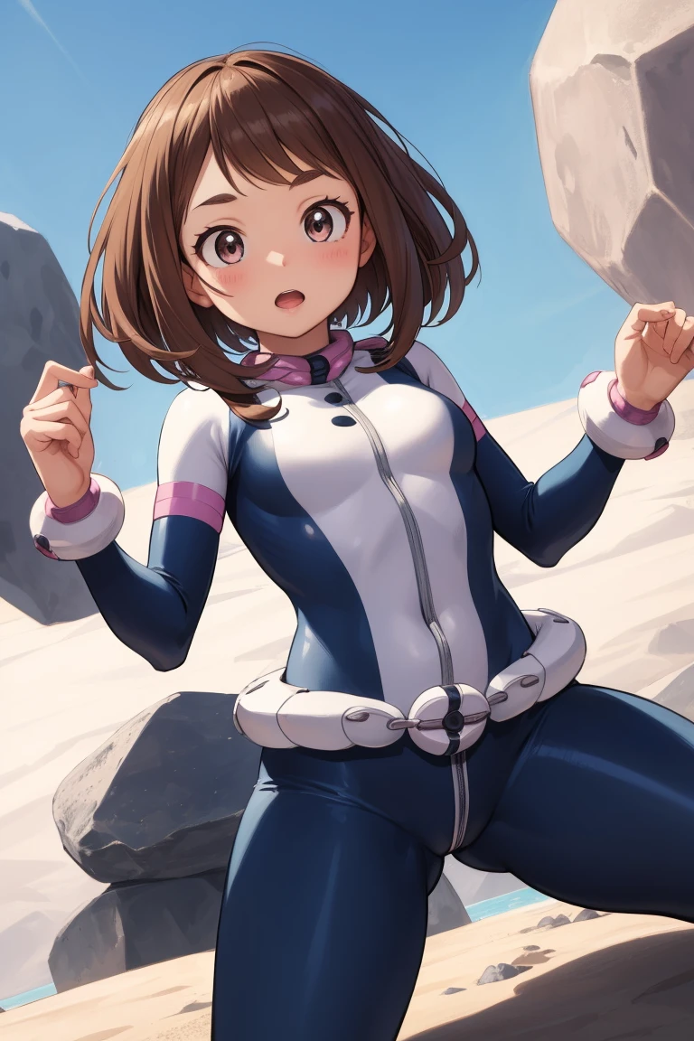 thick outlines, comics, photorealistic, masterpiece:1.2, , 1girl, solo, small breast, levitate, ochako, brown hair, bodysuit, belt, sky, levitating rocks, detailed background, detailed face, detailed eyes,cowgirl position, open legs, on bed