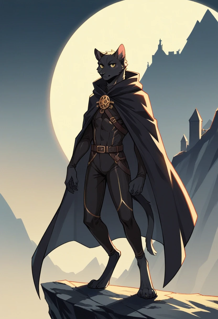 create a picture of an anthropomorphic cat character with black fur and yellow eyes, make his body thin and slender, make him wearing a black closed cloak, make him holding a compound bow, make it in an anime style, give him a short snout, make the cloak look stealthy, make him standing on the edge of a cliff, give him digitigrade legs with gray paws, make him wearing a black skintight suit underneath the cloak, make it late at night, make him look focused