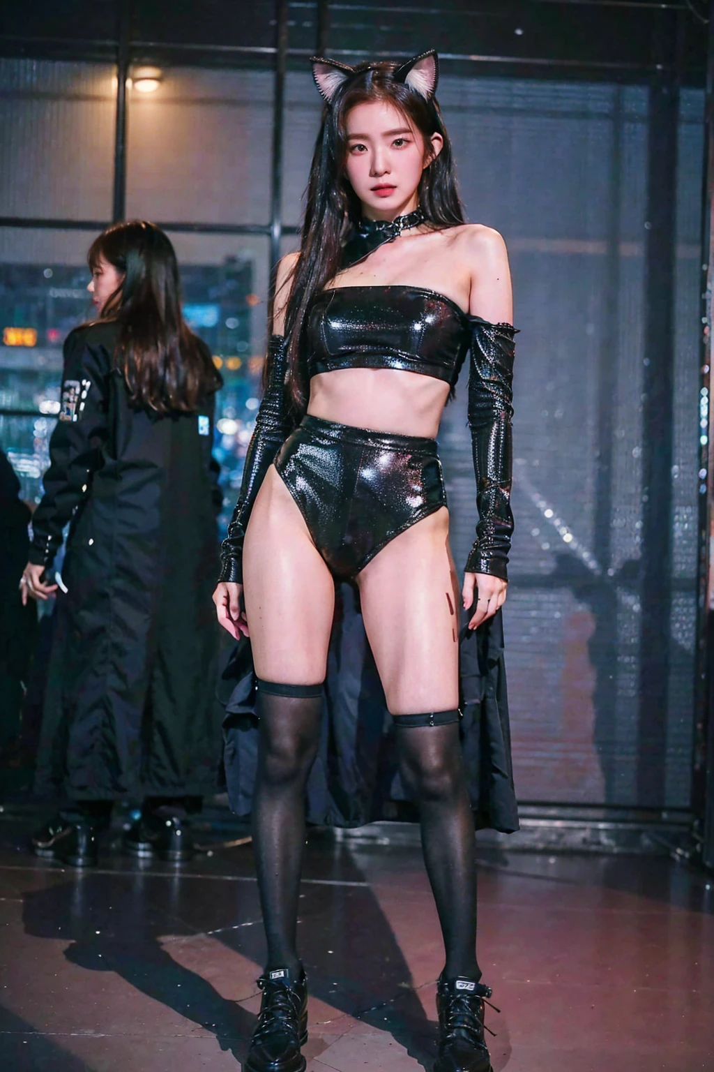 (((Masterpiece))), (16K, Beautiful model wearing AI original fashion, full body), Vibrant colors, Glossy screen, Portrait, Walking the runaway, Beautiful face, Dark eye makeup, Hairstyle according to AI original fashion, (fashion show, top quality, radiant skin, perfect human body structure),
