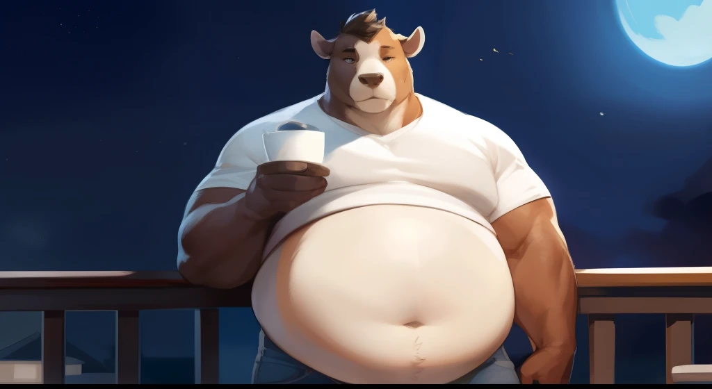4k ultra quality, 4k full body view,ultra high detailed body, male, happy bull, detailed body, detailed belly, white belly fur, big bull, wide chubby face, oberweight male, chubby belly, big belly, ((round belly)), obese belly, (enormous belly), ((ultra enormous body)), massive belly, massive body, big musclegut, massive,(wide body), massivegut, massive body, massive belly, (enormous gut), enormous belly, mature male, bulge,coffee by mystikfox61, by glitter trap boy, by bebebebebe,by morethreedee, by seibear,wearing t-shirt jacket ,tight pants,in his home,lean on balcony, exposed belly,size deference,warm atmosphere,night