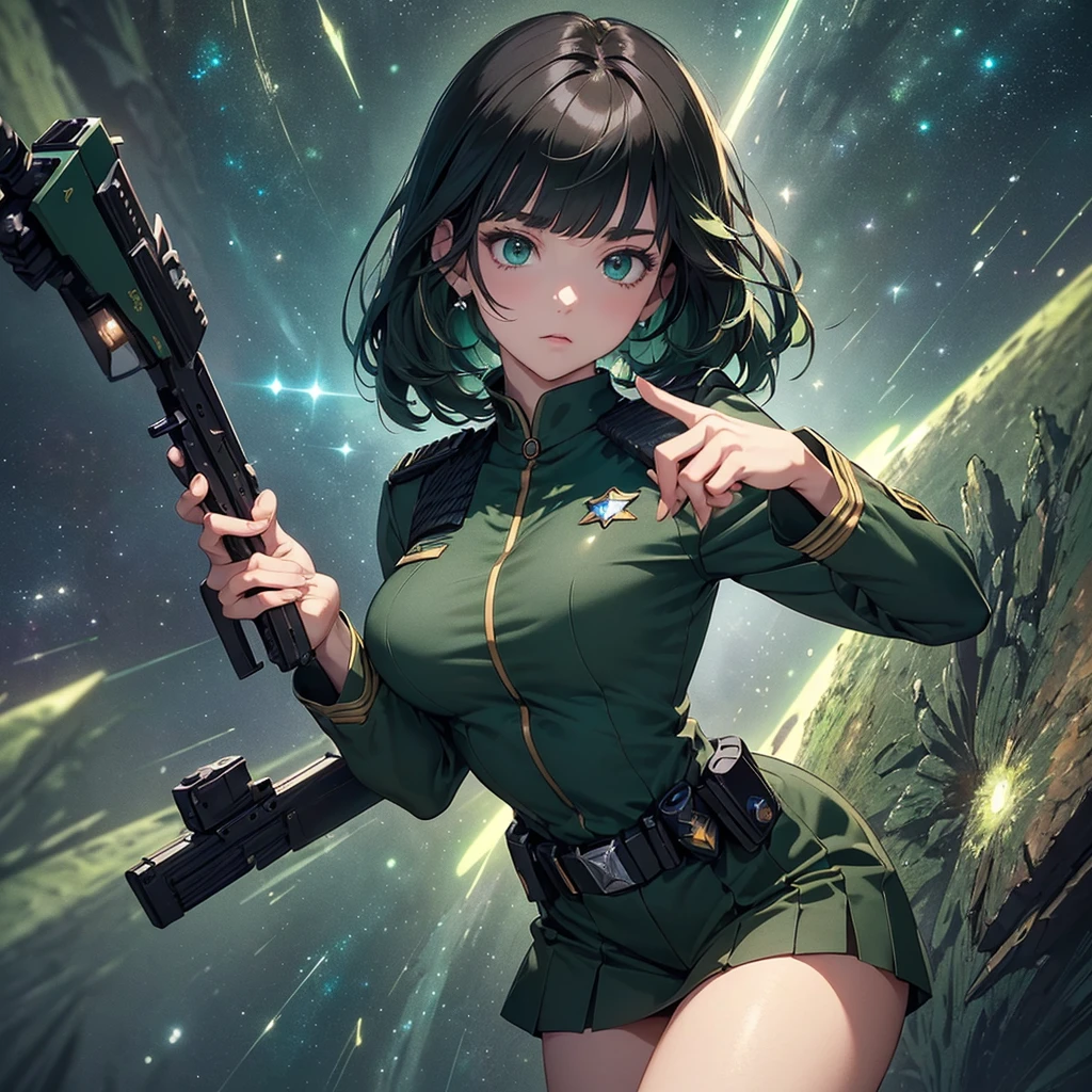 (Fantasy Illustration:1.2), (Front facing,Standing,Delicate facial expression,Perfect hands and fingers,One person:1.5), (anime,8k,masterpiece, Highest quality, Highest quality,beautifully、aesthetic:1.2,Professional illustrations:1.1,Super detailed:1.3), Very detailed, Most detailed, Incredibly absurd, High resolution, Super detaileded, Complex:1.6, (girl), Very exquisite beautiful face and eyes, Beautiful Hair, Bob Hair, Blunt bangs, ( Dark green space police uniform:1.5), Guess the skin, (Abstract:1.2), cute, (Small stature,Large Breasts),,Gun in one hand