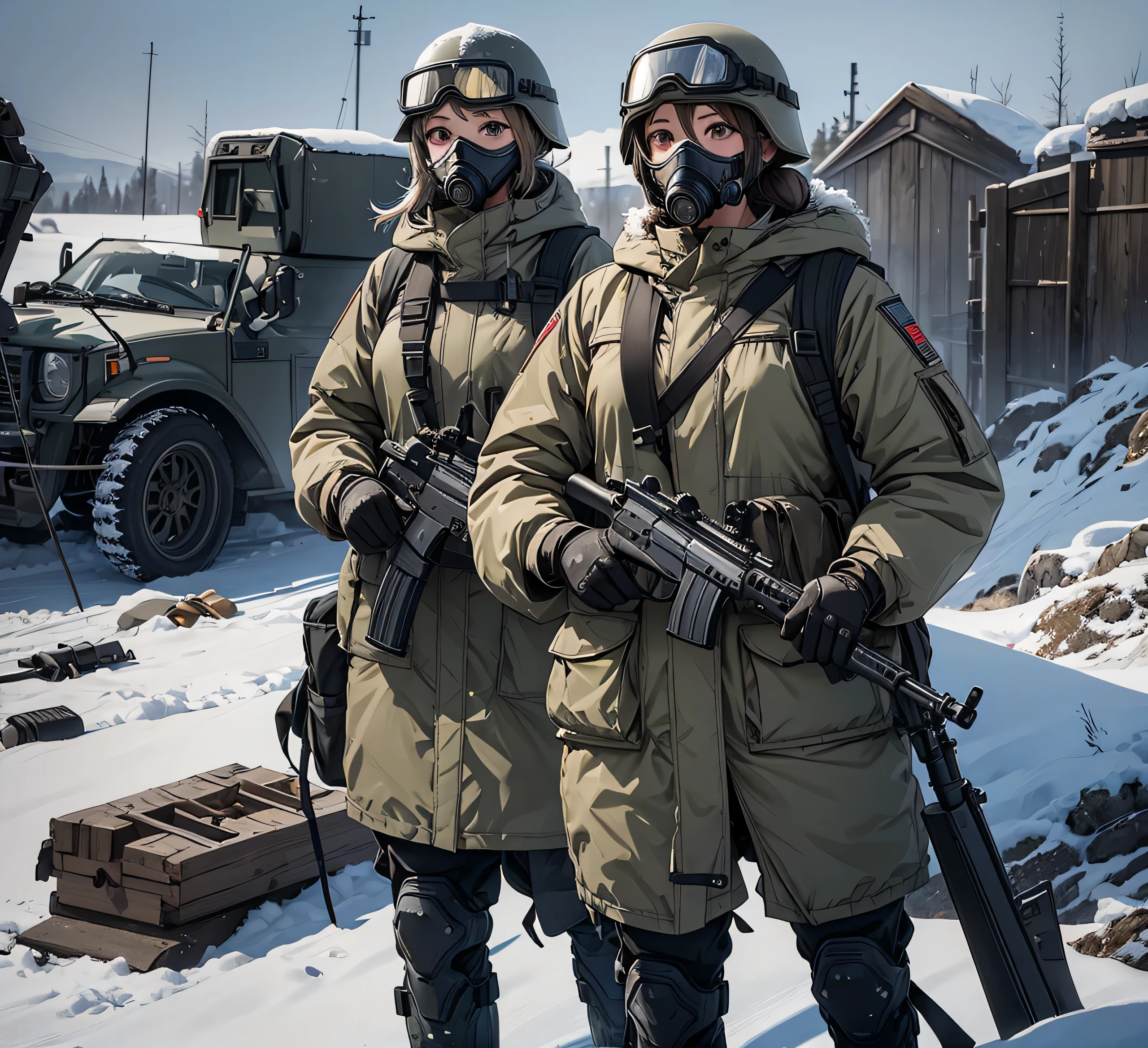 A group of female soldiers wearing thick gray coats、Full helmet、Gas Mask、Goggles，Patrol with guns，Snowy military camp、Write details、masterpiece、best quality、Highly detailed CG、8K picture quality