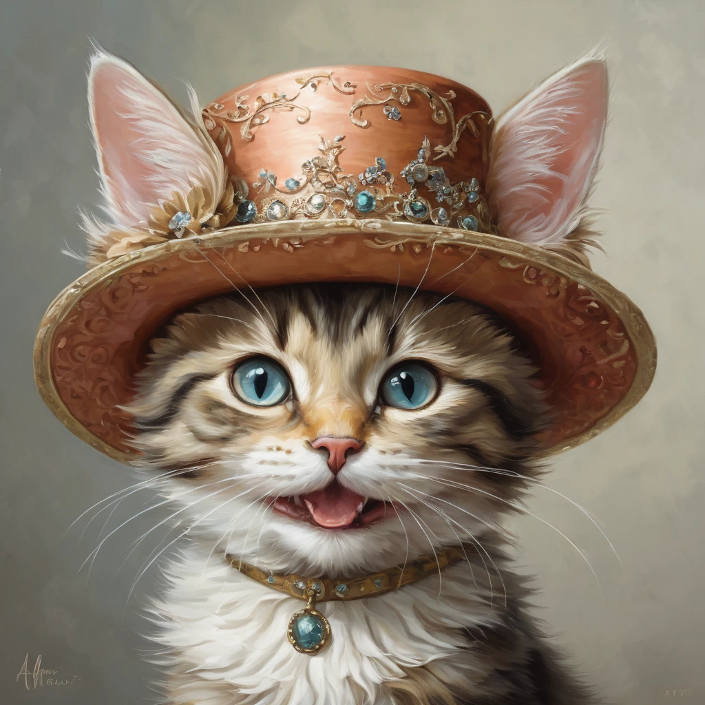 Alayna Lemmer style painting of a happy anthropomorphic kitten in a fancy hat (Professional painting, Dynamic pose, Dynamic configuration, Dynamic Lighting, Realistic proportions, Very detailed, Intricate details, High resolution, Ray Tracing, Super detailed, Very detailed雰囲気, Very detailedテクスチャ)