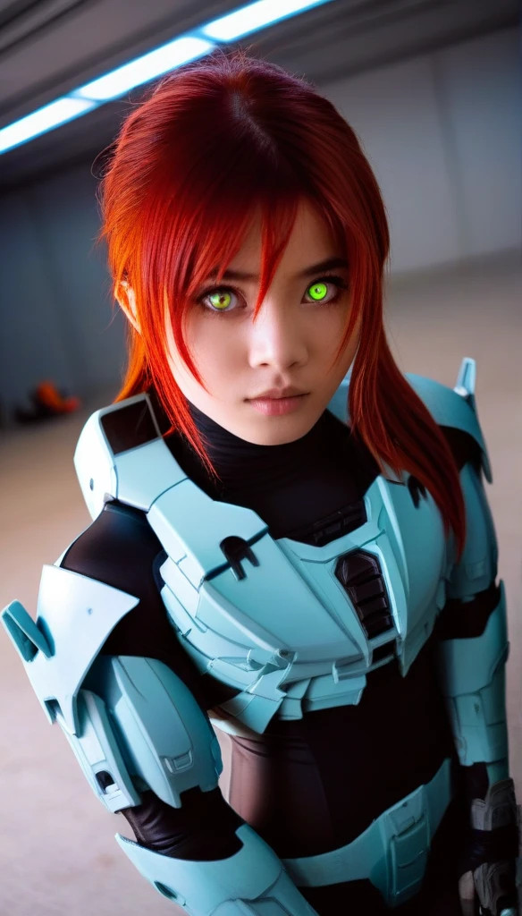 1 Girl、((glowing eyes, red eyes)), Medium Bust、solo、red Hair、Braid、Mobile Race Suit、Shoulder Armor、ceiling、Wide Shot、Looking Ahead、zipup suit 、Closed Mouth、Highest quality、medium quality、22 years old、Mobile Trace System、cockpit、Asian、CyborgCosplay
