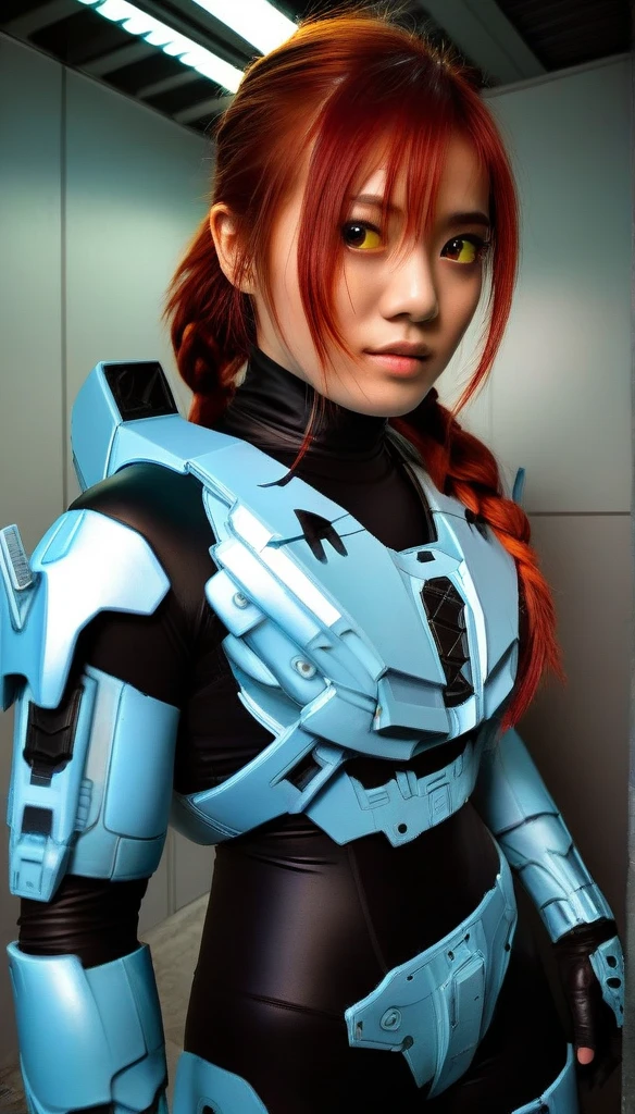 1 Girl、((glowing eyes, red eyes)), Medium Bust、solo、red Hair、Braid、Mobile Race Suit、Shoulder Armor、ceiling、Wide Shot、Looking Ahead、zipup suit 、Closed Mouth、Highest quality、medium quality、22 years old、Mobile Trace System、cockpit、Asian、CyborgCosplay