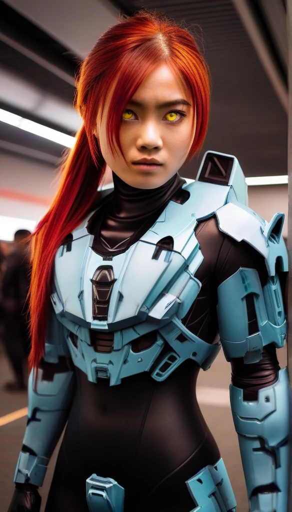 1 Girl、((glowing eyes, red eyes)), Medium Bust、solo、red Hair、Braid、Mobile Race Suit、Shoulder Armor、ceiling、Wide Shot、Looking Ahead、zipup suit 、Closed Mouth、Highest quality、medium quality、22 years old、Mobile Trace System、cockpit、Asian、CyborgCosplay