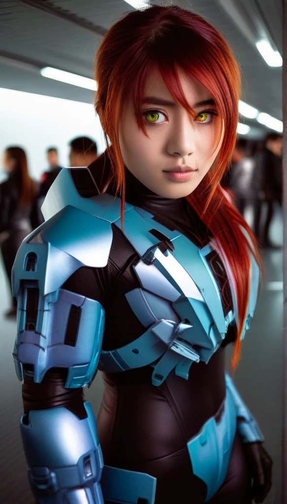 1 Girl、((glowing eyes, red eyes)), Medium Bust、solo、red Hair、Braid、Mobile Race Suit、Shoulder Armor、ceiling、Wide Shot、Looking Ahead、zipup suit 、Closed Mouth、Highest quality、medium quality、22 years old、Mobile Trace System、cockpit、Asian、CyborgCosplay
