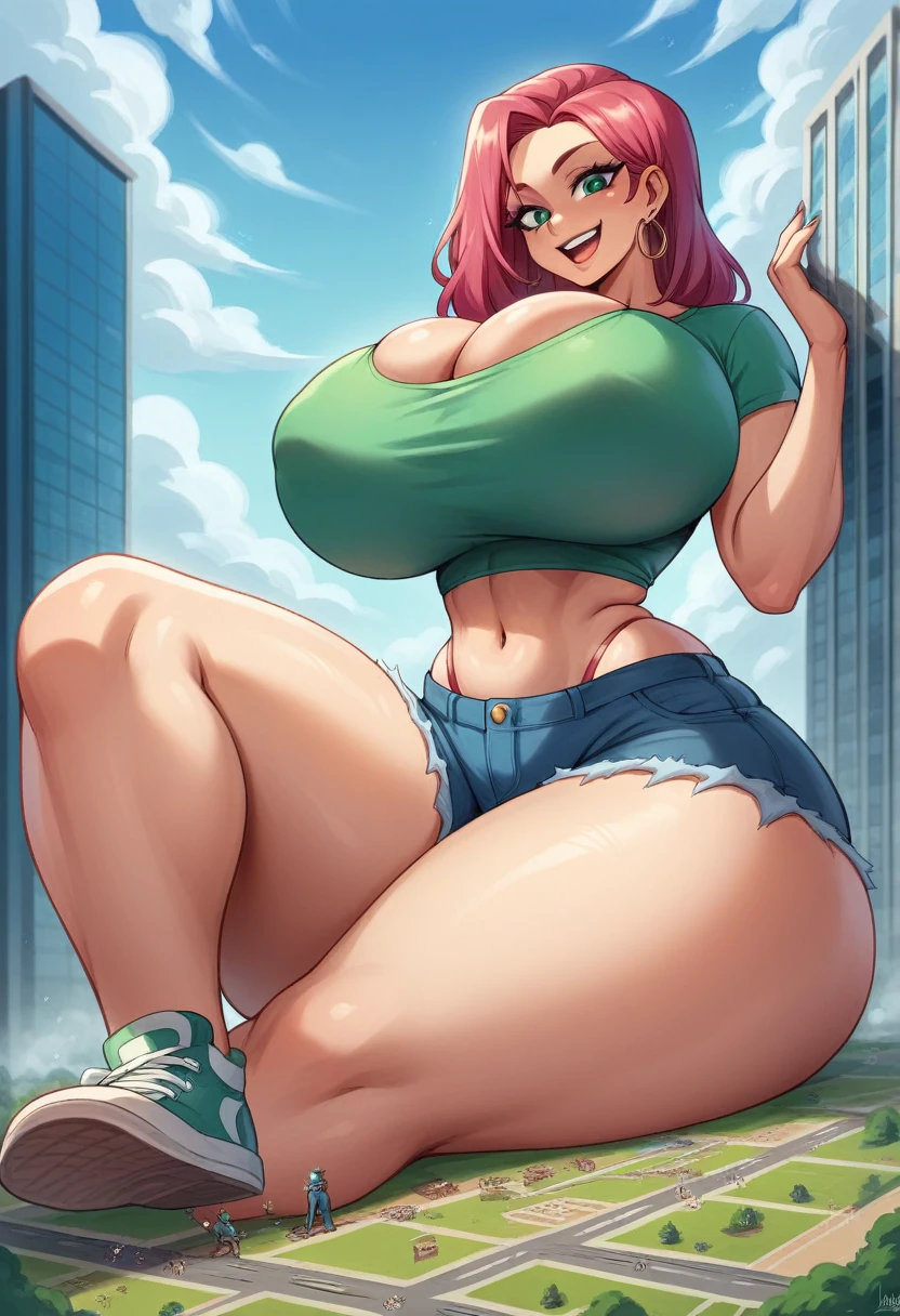 Giantess Woman with massive butt sitting crushing tiny city buildings beneath her smiling  at viewer, wearing tight ripped clothes, massive legs thick thighs, sitting on tiny city crushing tiny city under her ass, happy excited giantess, giantess sitting on tiny city, Latina giantess, wearing crop top, wearing short shorts, sexy giantess, thick thighs, big jiggly booty, massive breasts 