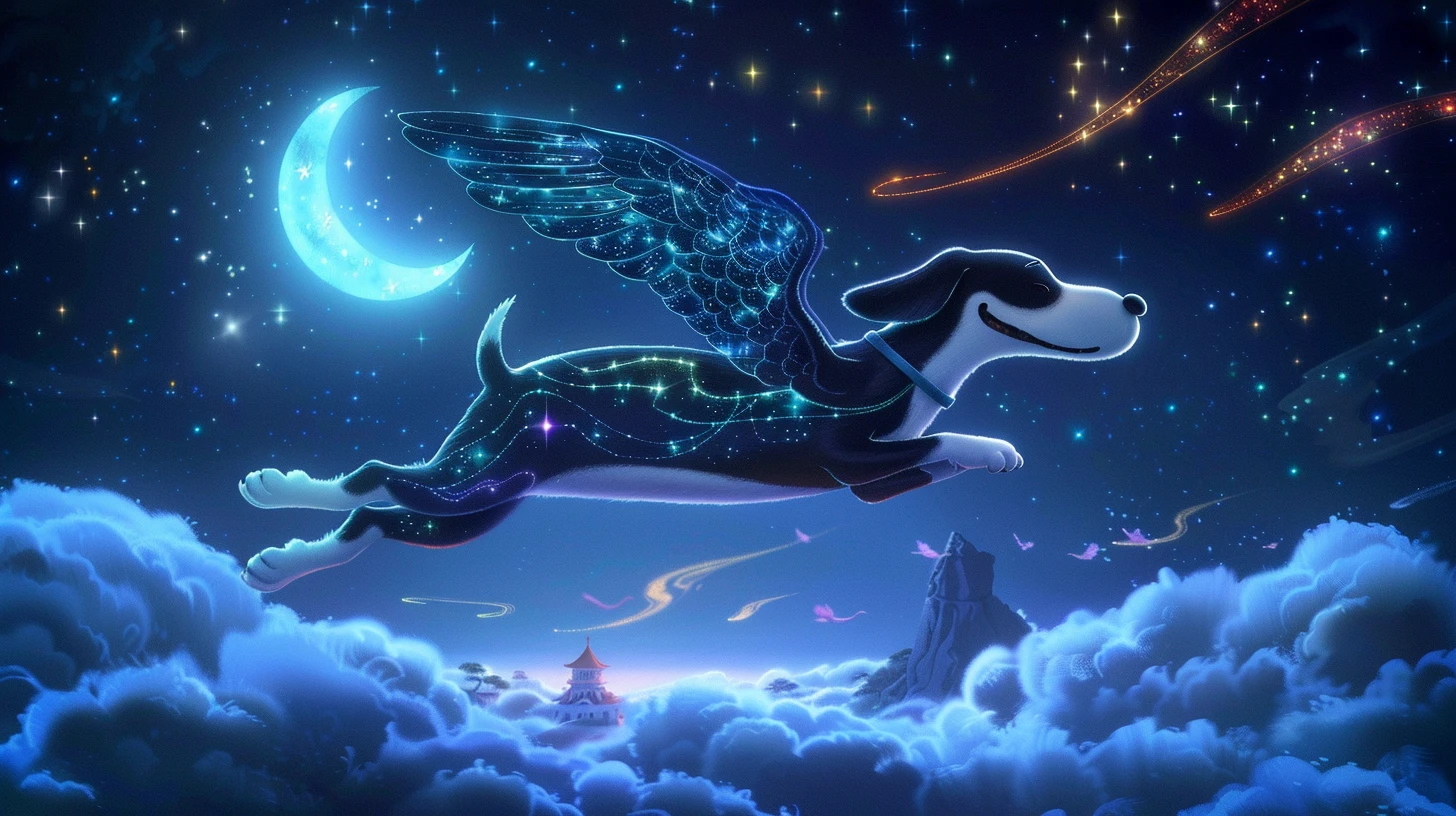 史努比的星辰翅膀在月光下熠熠生辉，照亮了它飞翔的轨迹