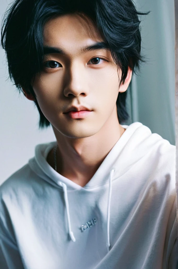 One boy, Young man with black hair  (Mash straight hair),Male K-Pop idols, Medium size portrait,chop, Beautiful Model, Oval Face, Vivid,Selfie,(In a dark room),The whole body is projected