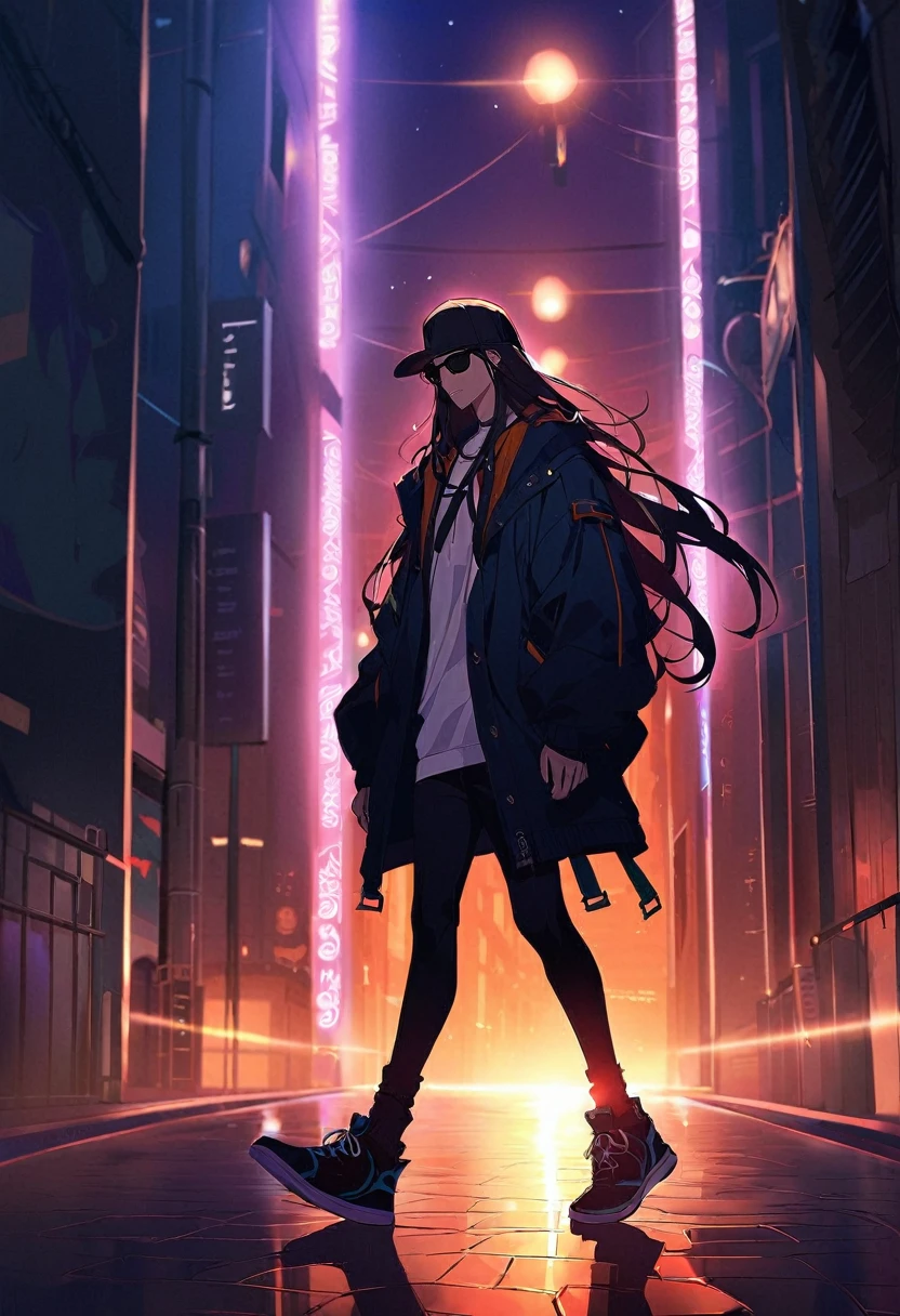 anime character , young man, with rapper flow, with jacket, sunglasses, and long hair walking alone in the dimly lit city