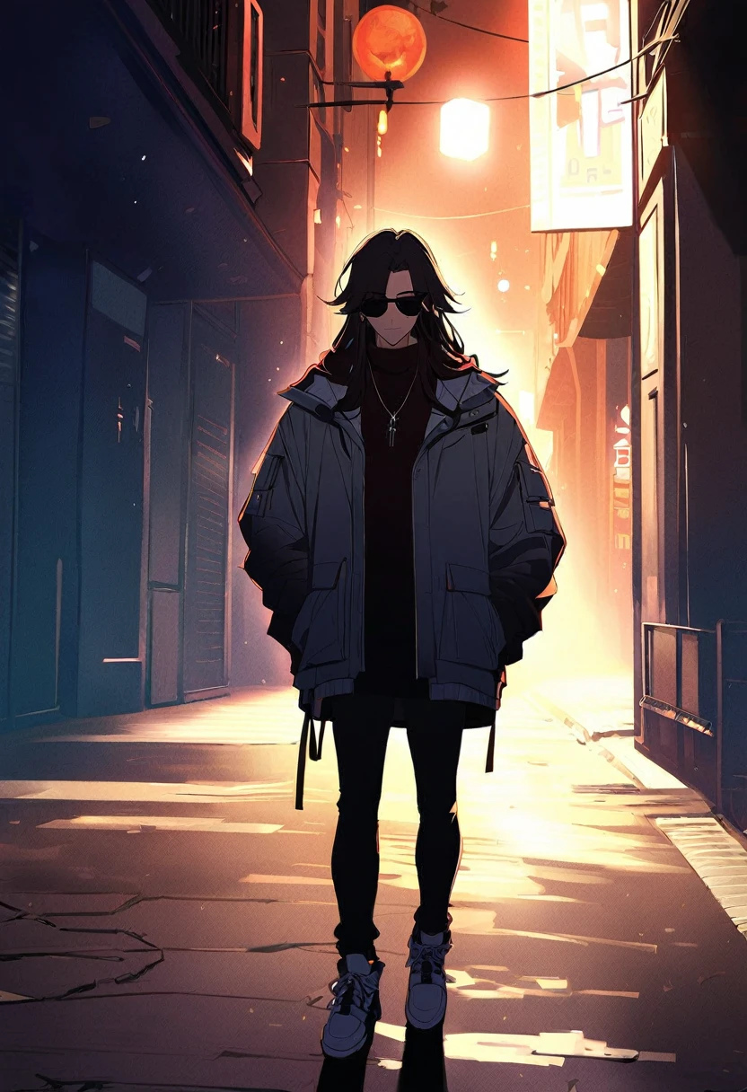 anime character , young man, with rapper flow, with jacket, sunglasses, and long hair walking alone in the dimly lit city