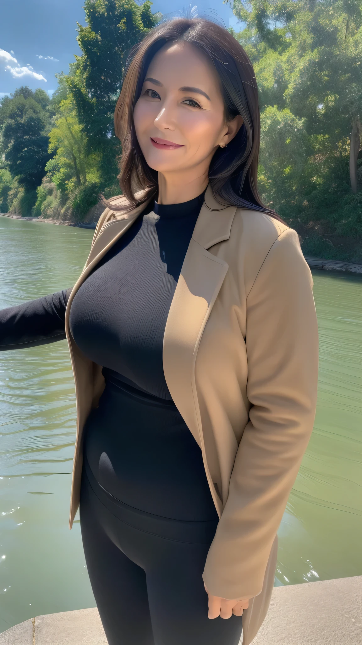 ((Highest quality, 8k, Masterpiece, Portrait: 1.3)), (Looking at the audience), (Panoramic view: 0.85), Attractive mature woman, 1 person, A little fat: 0.35, Brown half-length, black jacket, white yoga pants, ((Big breasts 2.3))(Big pelvis: 0.8), (Standing by the river)), Smile: 0.2, Outdoors by the river, Good posture, (((Mature woman))), (((45 years old))) Morning, by the bright river,