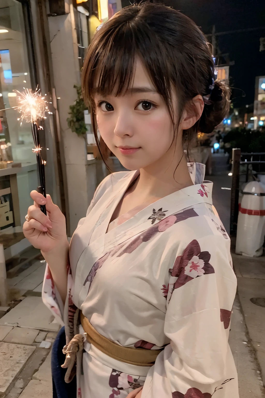 8K, RAW Photo, Best Quality, Masterpiece, Realistic, PhotoRealistic, Extremely Detailed 8K Wallpaper, Beautifully Detailed Eyes, Finely Detailed Face, 
 BREAK 
Professional Lighting, 
 BREAK 
(A Girl is Playing Japanese Sparkler with Extending Own Hand to the Viewer's Camera:1.6), Point Fireworks at Viewer's Camera:1.0, 
(Light Evening), 
(in shibuyaSK), 
 BREAK 
Perfectly Anatomically Correct:1.3, 5 Beautiful finger:1.3, 
POV Shot, 
 BREAK 
1 Girl, Very Short Hair Bun:1.2, Japanese, Kawaii, Wide-Set Eyes, Very White Skinned, Blush, Embarrassed, 17-Year-Old, 
Brown Hair, Wet Hair, Messy Hair, Light Smiling, [Pouted Cheek], Open Mouse Slightly, Chin Up, 
(Japanese Yukata:1.4), 
Looking Back Viewer Up, 
 BREAK 
[SFW:1.0, Non-Nipple:1.0], 
 BREAK 
High Angle shot, Face Focus:1.1, Bokeh:1.2, (from Back:1.1, from Side:1.1, from Above:1.0), Dynamic Angle