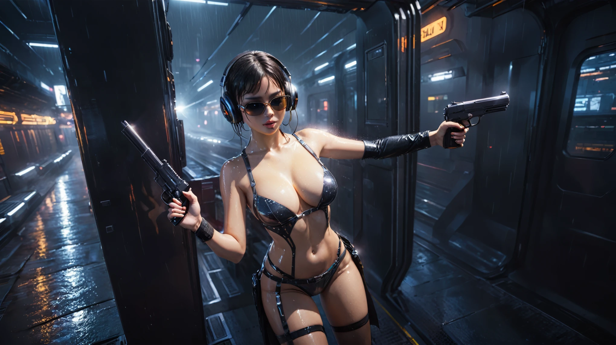 (((aerial view))), Blade Runner style futuristic railway platform, hi-tech train, neon lights, rainy night. (1girl, solo, alone), large-breast:1.2 slim body, cleavage:1.1, sexy lingerie with wet jacket, headphone, (black sunglasses), (((she raised a pistol:1.8 and shot:1.8 the viewer))), dynamic pose, (((half-body thigh level medium shot))), cinematic lighting, lens flare, ray tracing, blurred:1.4 background.