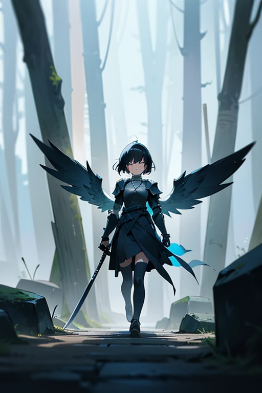 background shadow covered girl, covered in shadows, lack shadows in background Anime girls, carrying katana, anime, short black hair with neon blue highlights, hair is above shoulder height, smooth beautiful, 4k, anime art, pendant on hair, cross t necklace, vivid black dress, battle armor golden armor, little clothing (( Deep in the forest there are stone angels all black and dark, anime dark styler,girl walking forward, c