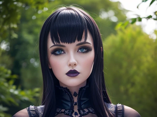 gothic, blue eyes, NSFW, large and heavy bust slender body, perfectly detailed face and with a very nice garden background,Full body portrait 1.2 wild nature