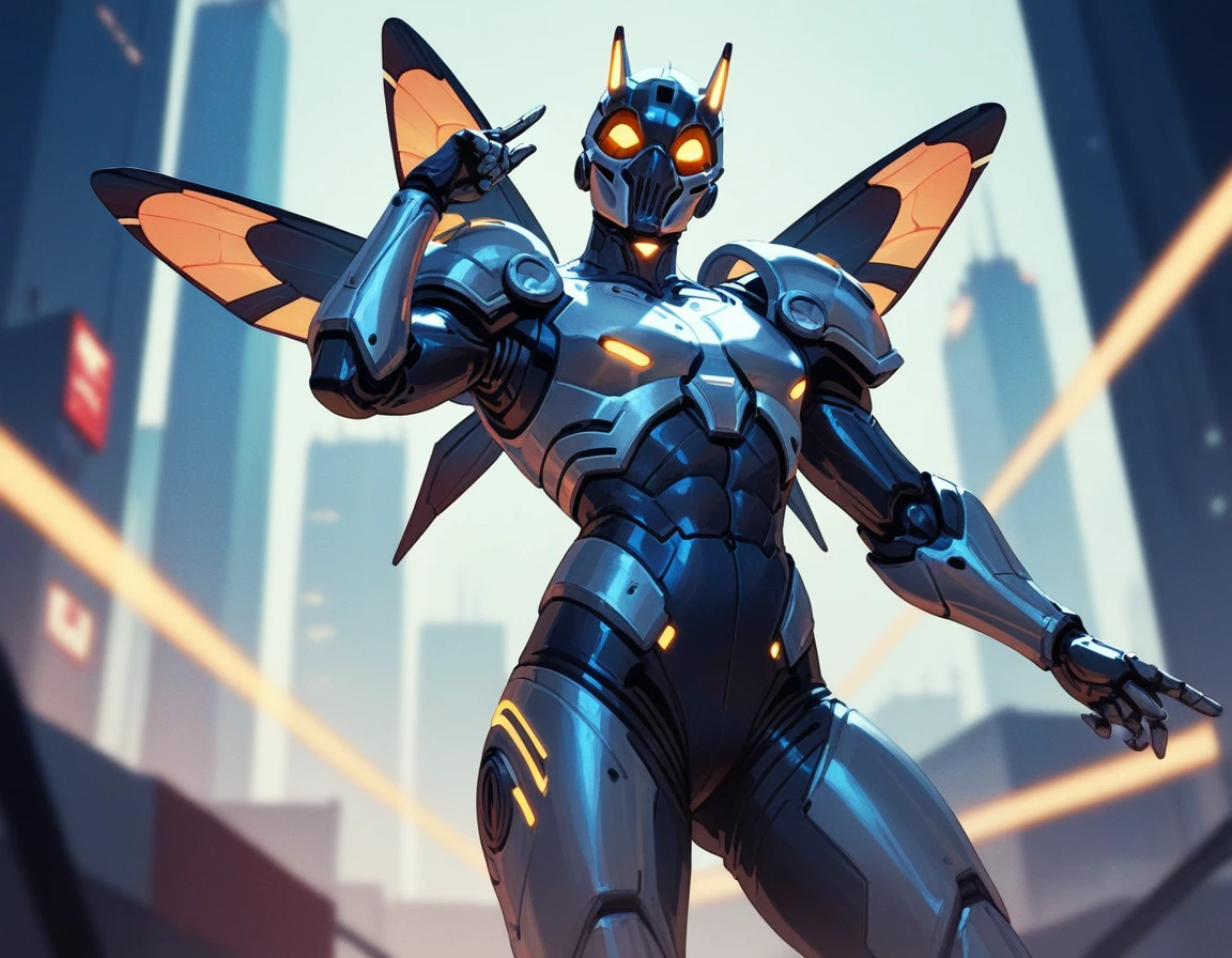 (score_9,score_8_up,score_7_up,score_6_up,score_5_up,score_4_up)Wasp man in armor with glowing stingers in retro cyberpunk art style