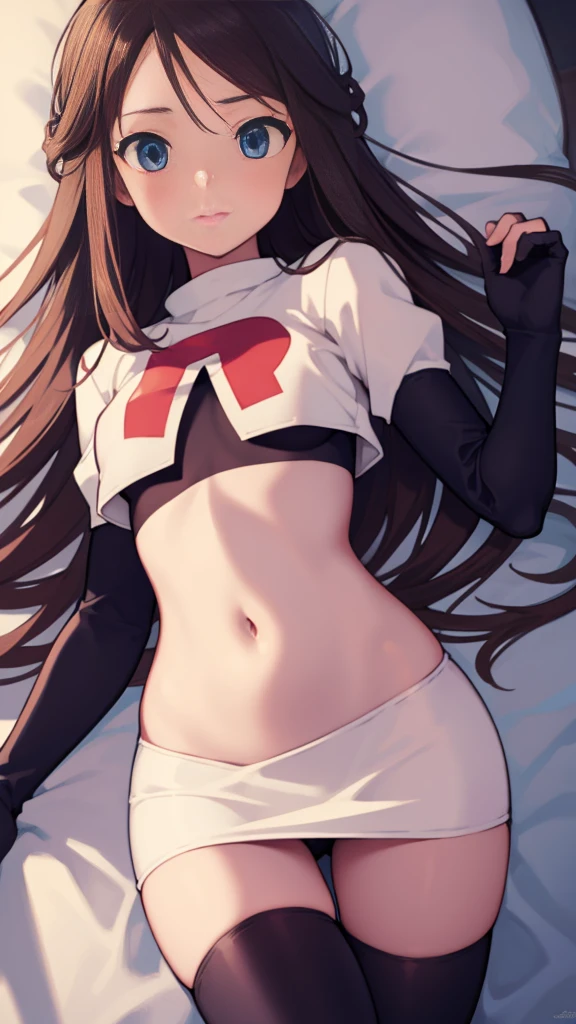 pokemon leaf, pokemon leaf, Brown eyes, Brown hair, by the wide , (small breasts:1.2),
BREAK cap, has, Team Rocket,Team Rocket uniform, red letter R, White skirt,White crop top,black thigh high stockings,black elbow length gloves BREAK looking at viewer,
BREAK (masterpiece:1.2), Best Quality, High resolution, unity wallpaper 8k, (illustration:0.8), (beautiful detailed eyes:1.6), extremely detailed face, perfect lighting, Extremely detailed CG, (perfect hands, perfect anatomy),