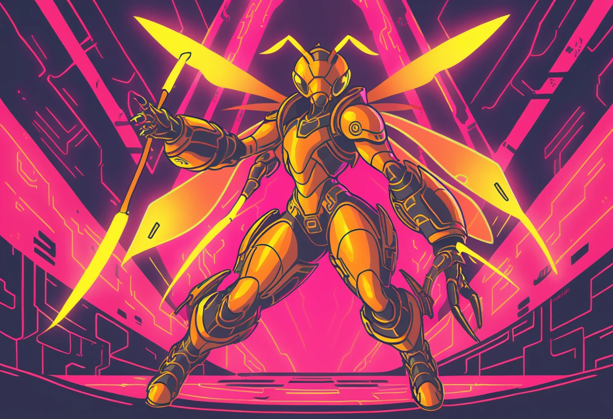 Wasp man in armor with glowing stingers in retro cyberpunk art style