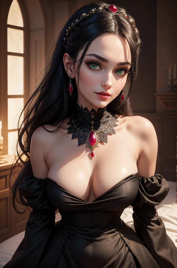 ((best quality)), ((masterpiece)), (detailed), ((normal anatomy)), ((normal body proportions for an adult woman)), ((beautiful eye detail)), perfect face, high detail, charismatic, full body, cinematic lighting, defined body, super detail, high realism, back straight, front facing, princess face, an extremly beautiful woman with long black hair past her waist in loose curls and a long fringe covering her forehead, large perfect emerald green eyes with long eyelashes, ancient medieval english fantasy theme, she is wearing a beautiful black and red formal ancient medieval off-shoulder gown with very high detail and a black silk choker, large 4 post bed in background, coy seductive smile, flirty, full red lips in a pout, 30 year old, portrait style image, large ruby pendant around her neck, full perky breasts