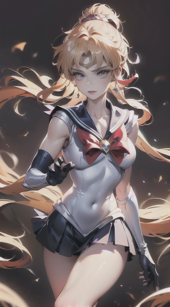 (Extreme detail CG Unity 8K wallpaper, masterpiece, highest quality), (exquisite lighting and shadow, highly dramatic picture, cinematic lens effect), (Sailor Moon: 1.1), charming smile, double tail, blue eyes, black hair, tight top, RED gloves, mini skirt, dynamic pose), the background is the universe (excellent detail, excellent lighting, wide angle), (excellent rendering, enough to stand out in its class),all,whole body,whole