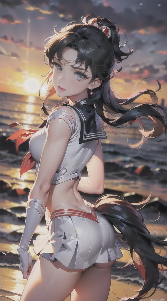 (Extreme detail CG Unity 8K wallpaper, masterpiece, highest quality), (exquisite lighting and shadow, highly dramatic picture, cinematic lens effect), (Sailor Moon: 1.1), charming smile, double tail, blue eyes, black hair, tight top, RED gloves, mini skirt, dynamic pose), the background is the universe (excellent detail, excellent lighting, wide angle), (excellent rendering, enough to stand out in its class),all,whole body,whole